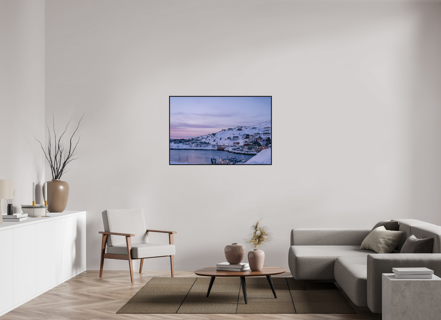 120 x 80 cm, Wooden Frame Black Oak Acrylic Glass Village au bout du monde