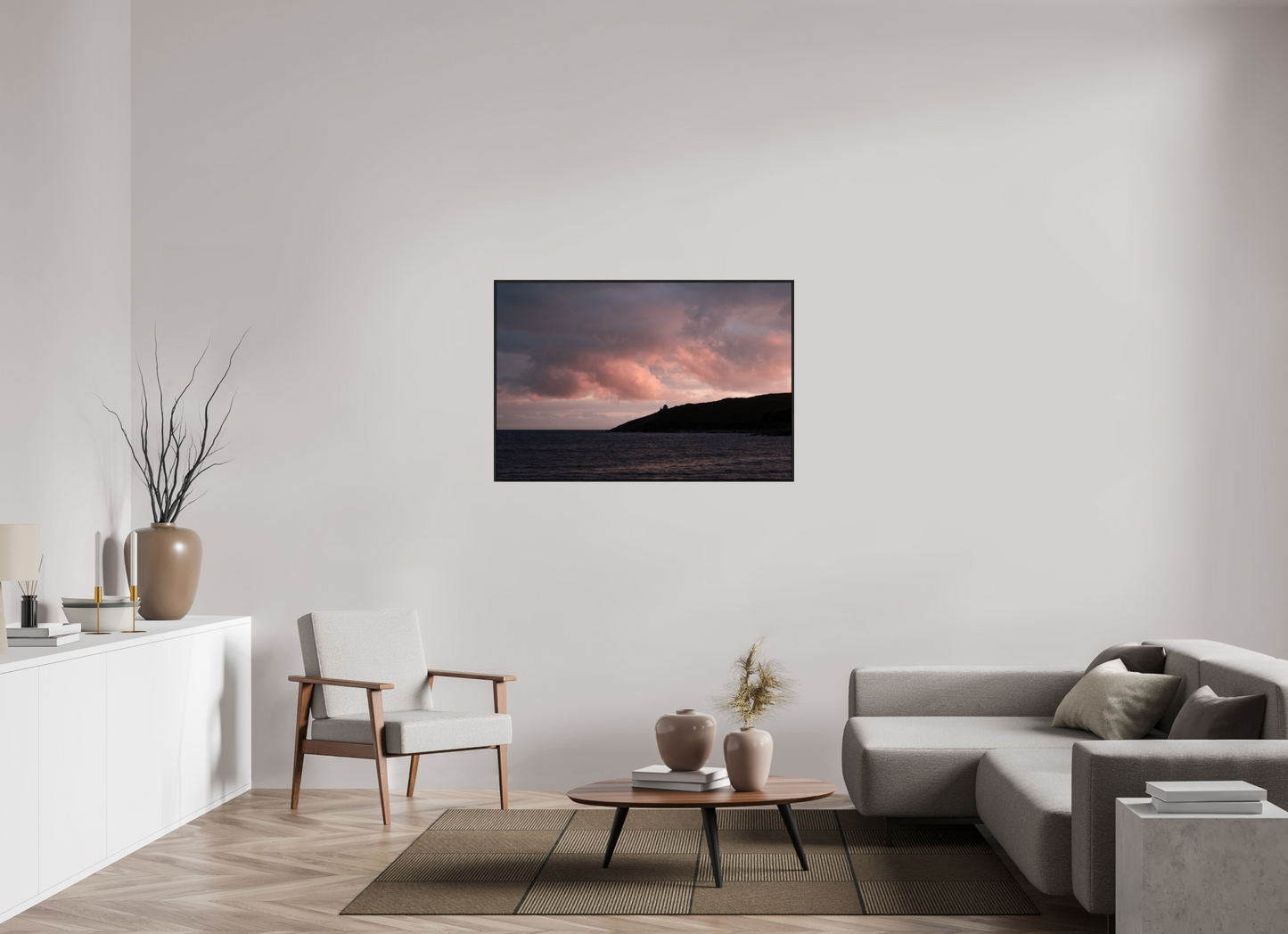 120 x 80 cm, Wooden Frame Black Oak Acrylic Glass Primelin au crépuscule