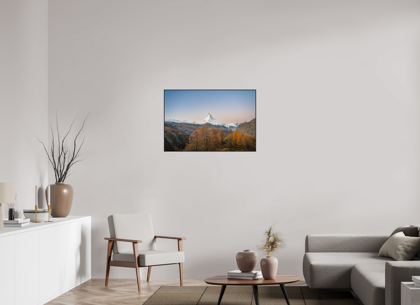 90 x 60 cm, Frame Aluminum Black Acrylic Glass Réveil face au Cervin