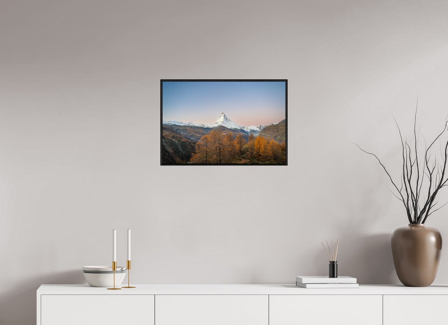 60 x 40 cm, Wooden Frame Black Oak Acrylic Glass Réveil face au Cervin
