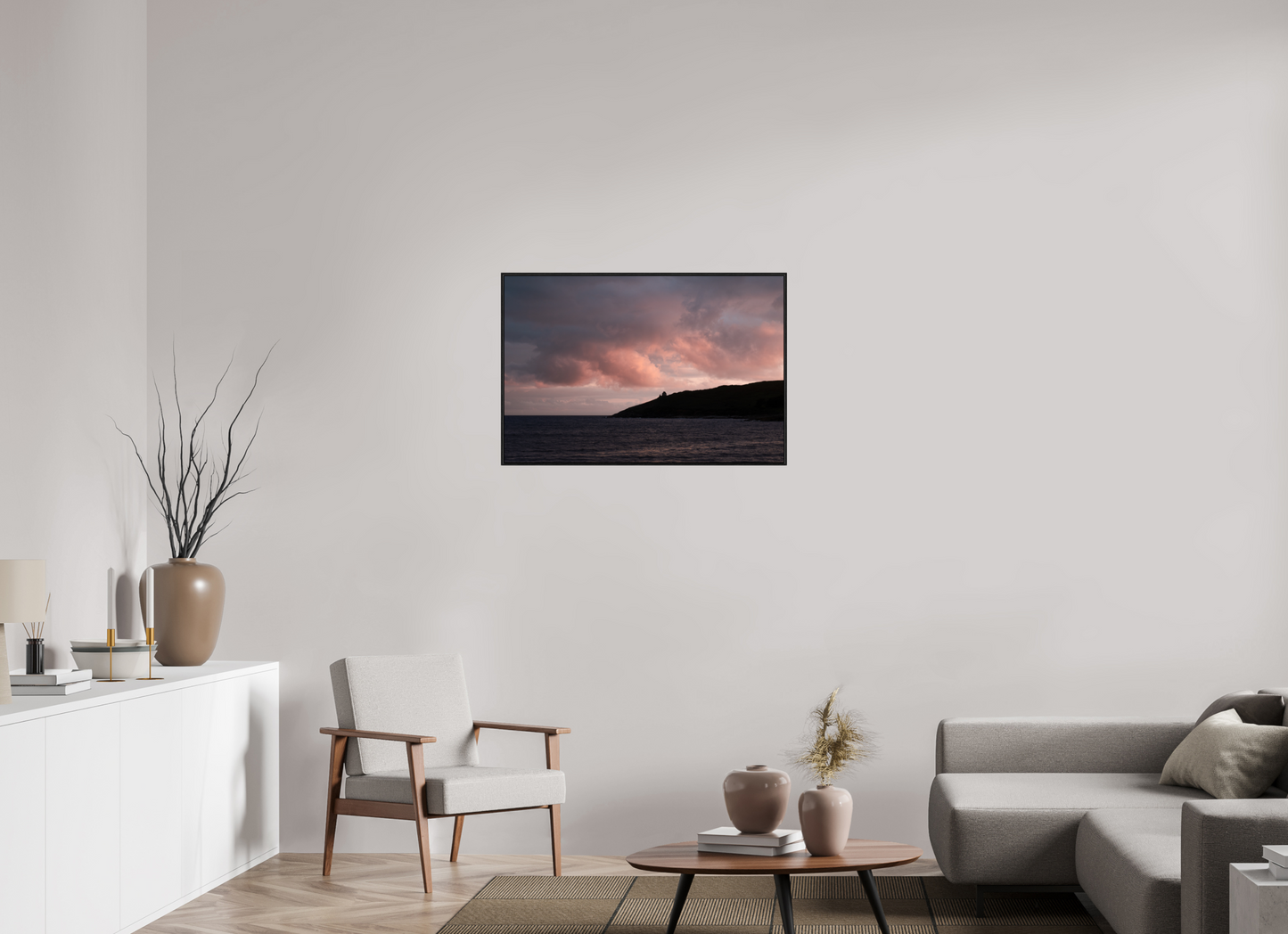 90 x 60 cm, Wooden Frame Black Oak Acrylic Glass Primelin au crépuscule