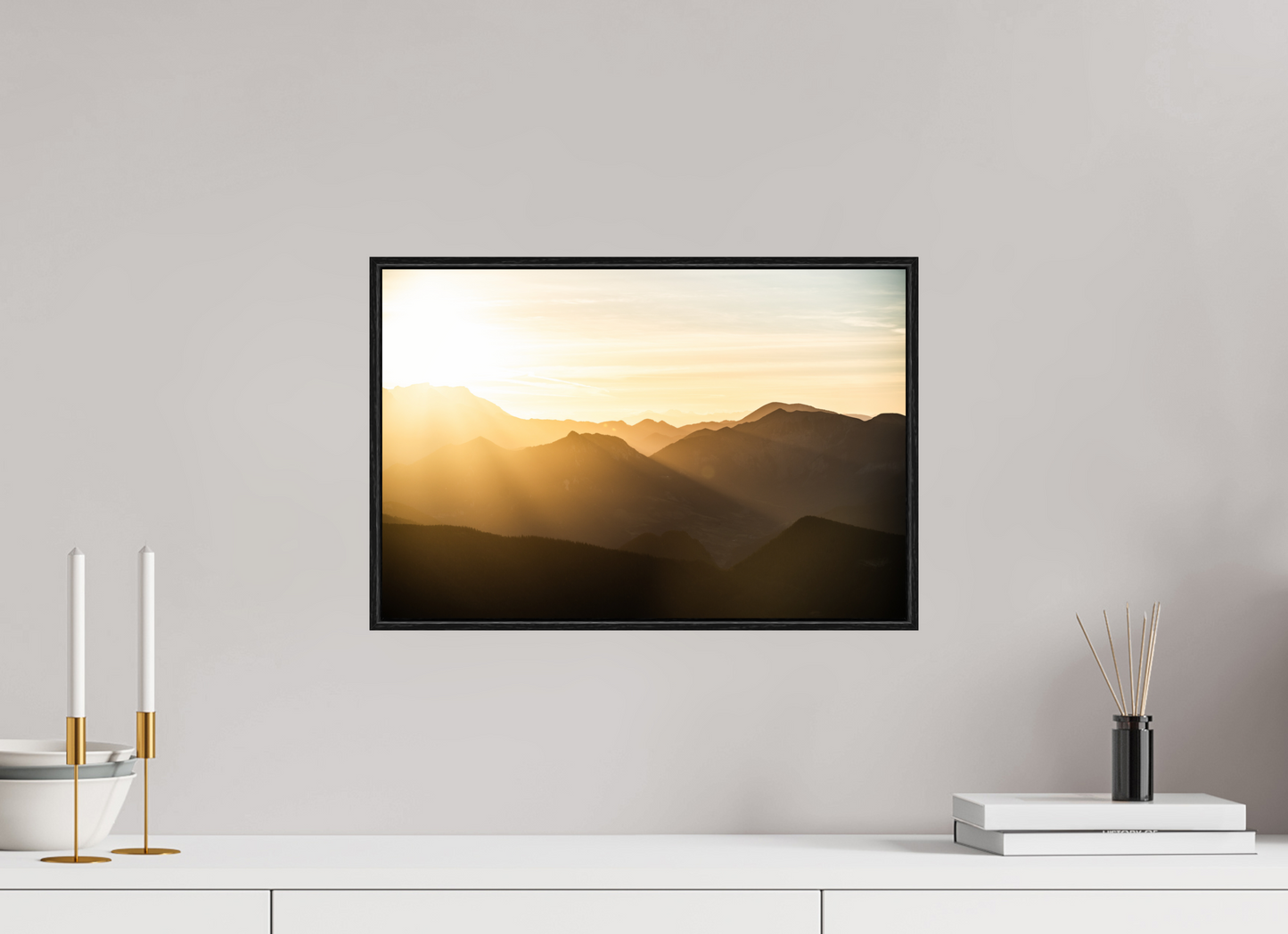 45 x 30 cm, Wooden Frame Black Oak Acrylic Glass Aube sur les Écrins I