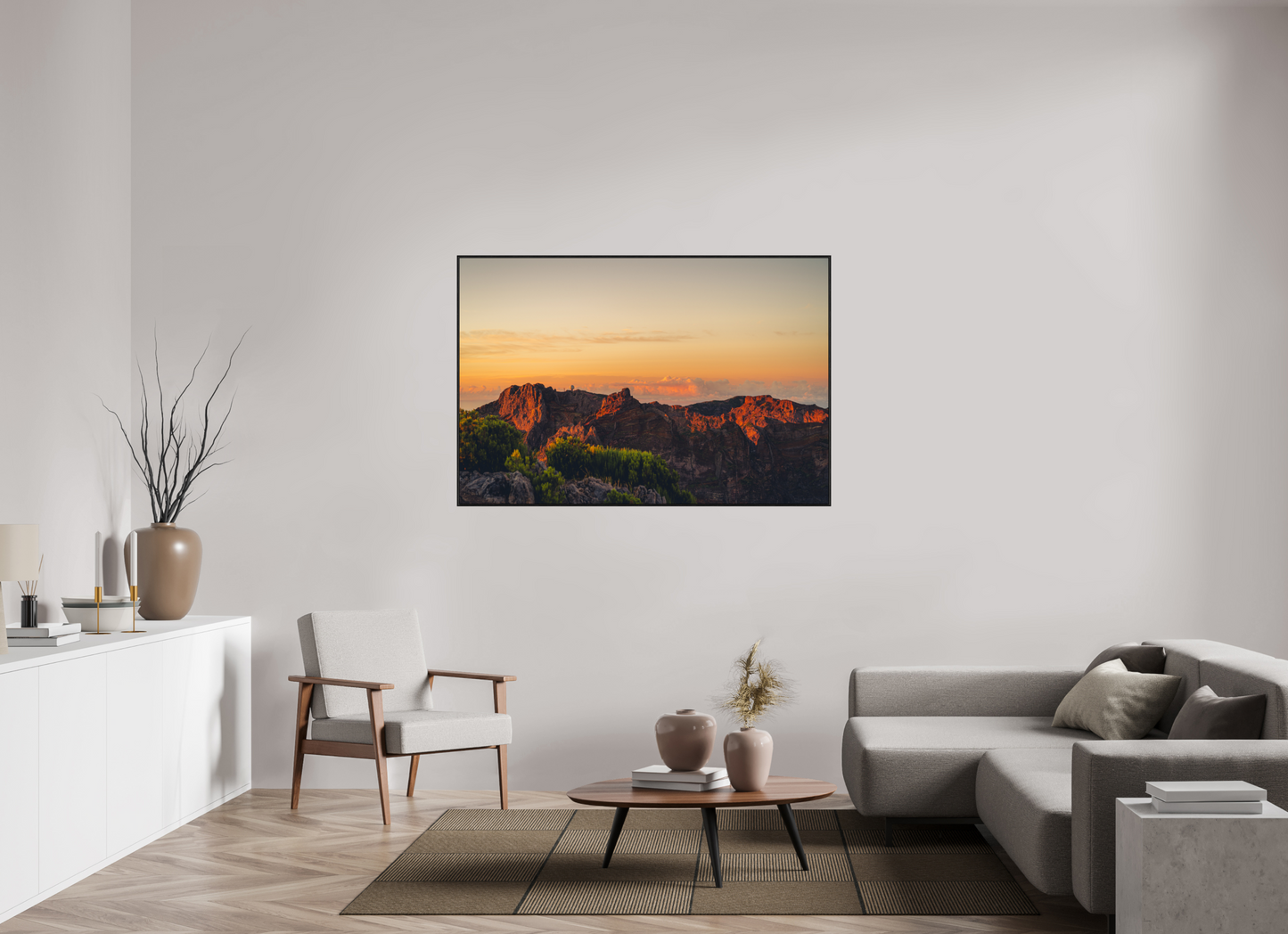 150 x 100 cm, Wooden Frame Black Oak Acrylic Glass Pico do Arieiro at sunrise