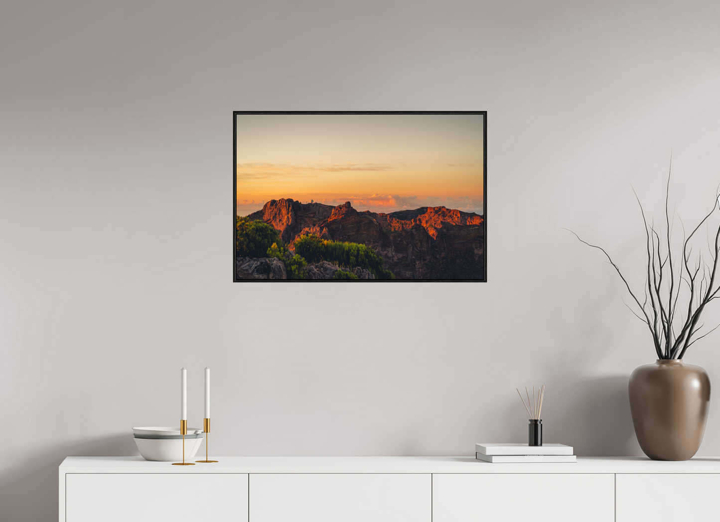 75 x 50 cm, Wooden Frame Black Oak Acrylic Glass Pico do Arieiro at sunrise